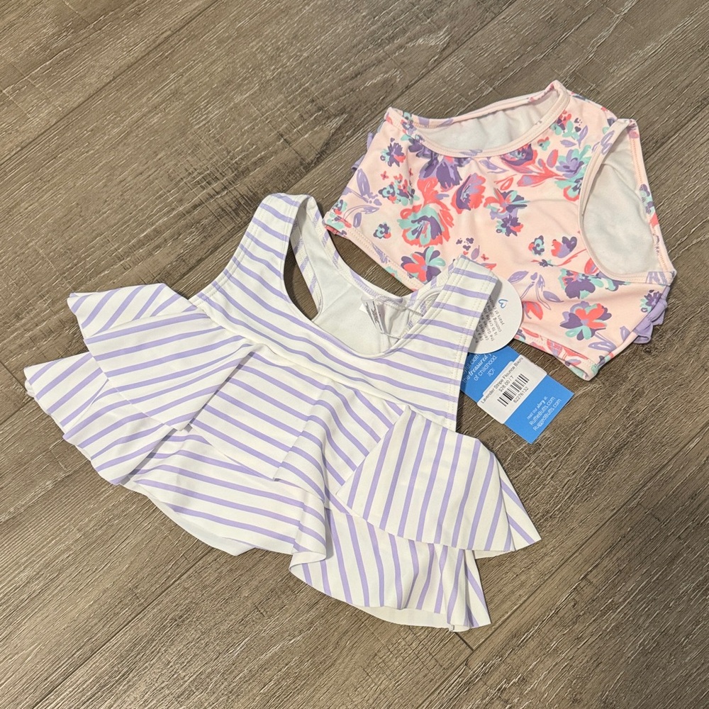 Ruffle Butts Lavender Stripe Ruffle Tankini with Pink Floral Bikini Top